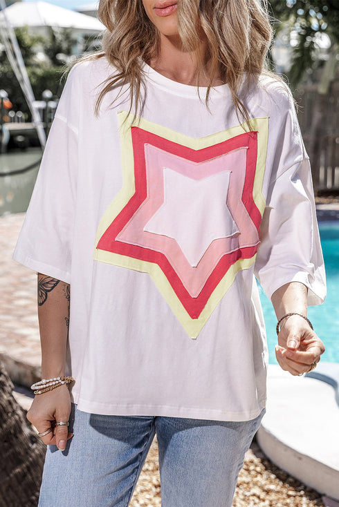 Oversized Star Applique Half Sleeve Drop Shoulder Cotton Tee