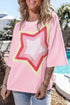 Oversized Star Applique Half Sleeve Drop Shoulder Cotton Tee