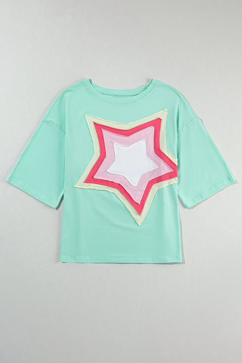 Oversized Star Applique Half Sleeve Drop Shoulder Cotton Tee