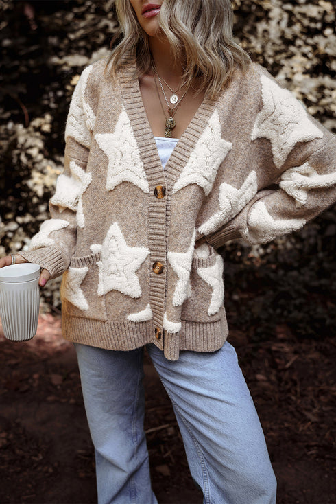 Oversized Star Pattern Button Front V Neck Knit Cardigan