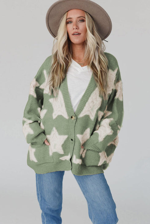Oversized Star Pattern Button Front V Neck Knit Cardigan