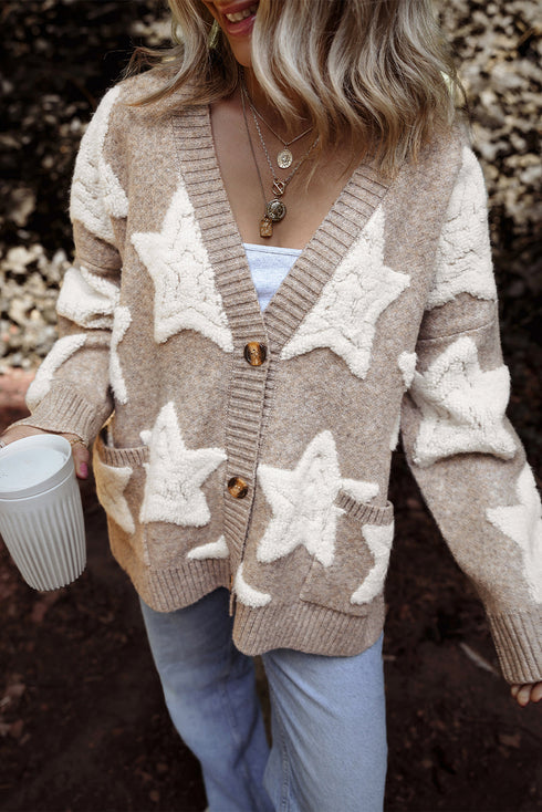 Oversized Star Pattern Button Front V Neck Knit Cardigan