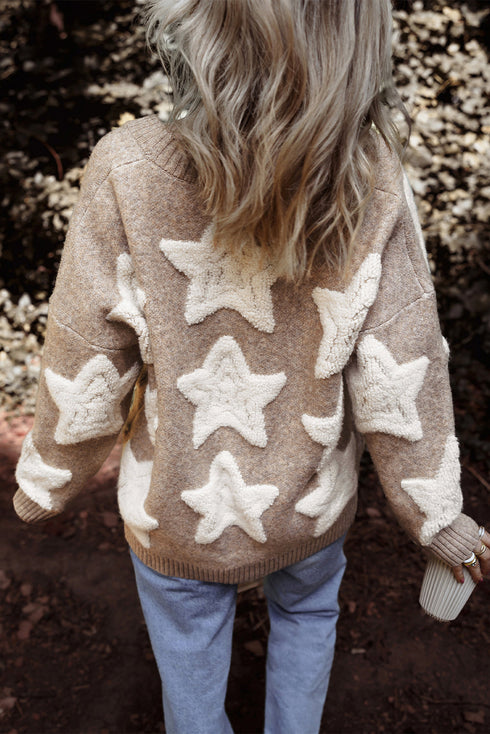 Oversized Star Pattern Button Front V Neck Knit Cardigan