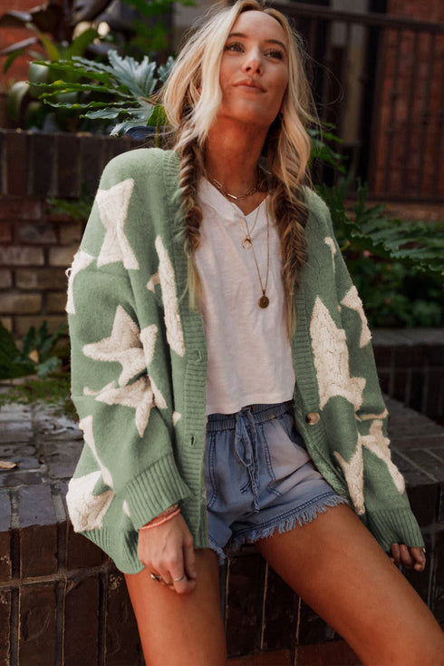 Oversized Star Pattern Button Front V Neck Knit Cardigan