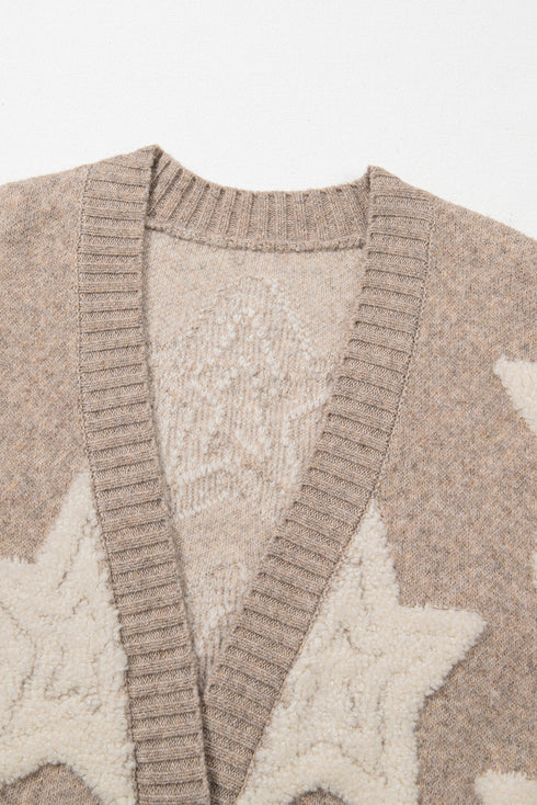 Oversized Star Pattern Button Front V Neck Knit Cardigan