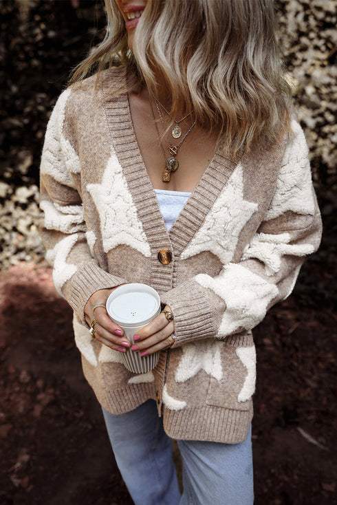 Oversized Star Pattern Button Front V Neck Knit Cardigan