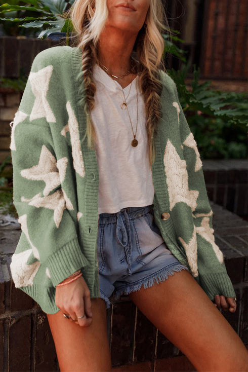 Oversized Star Pattern Button Front V Neck Knit Cardigan