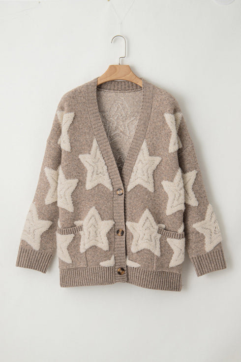 Oversized Star Pattern Button Front V Neck Knit Cardigan