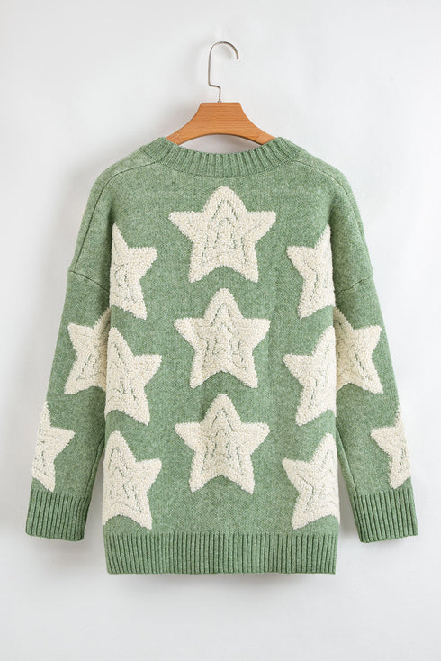 Oversized Star Pattern Button Front V Neck Knit Cardigan