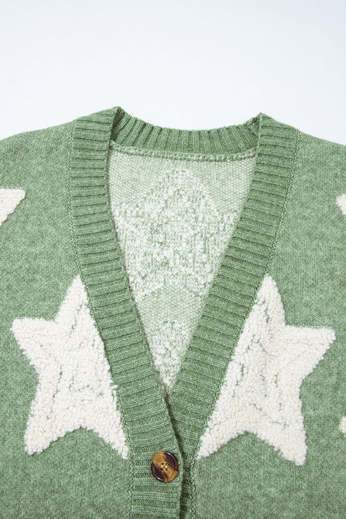 Oversized Star Pattern Button Front V Neck Knit Cardigan
