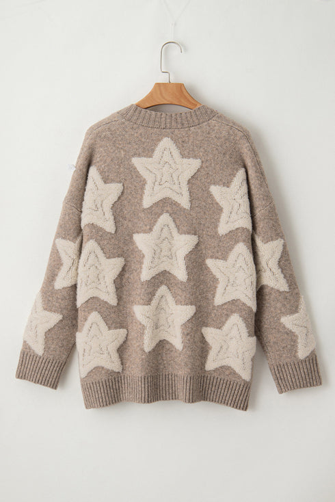 Oversized Star Pattern Button Front V Neck Knit Cardigan