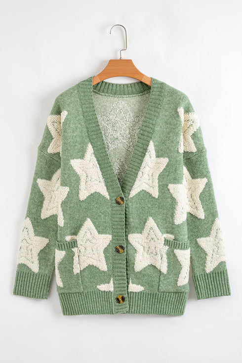 Oversized Star Pattern Button Front V Neck Knit Cardigan