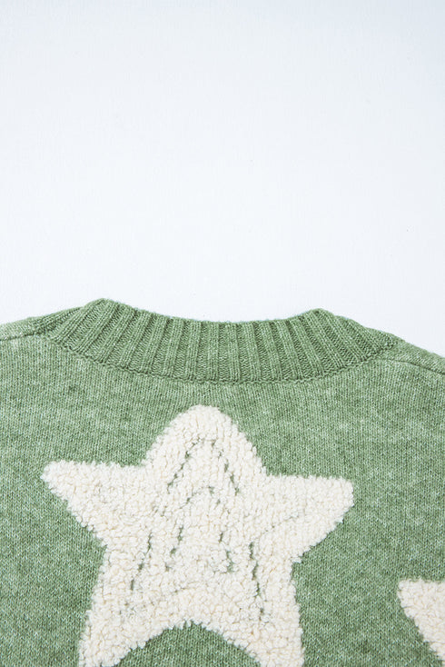 Oversized Star Pattern Button Front V Neck Knit Cardigan