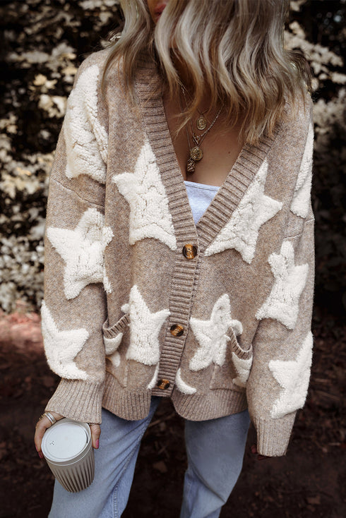 Oversized Star Pattern Button Front V Neck Knit Cardigan