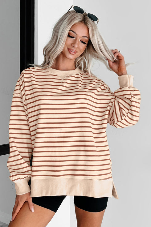 Oversized Striped Crew Neck Side Slit Sweatshirt
