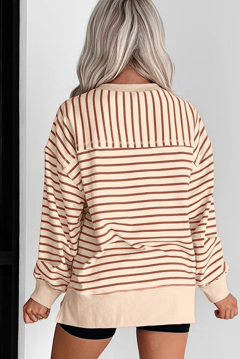 Oversized Striped Crew Neck Side Slit Sweatshirt