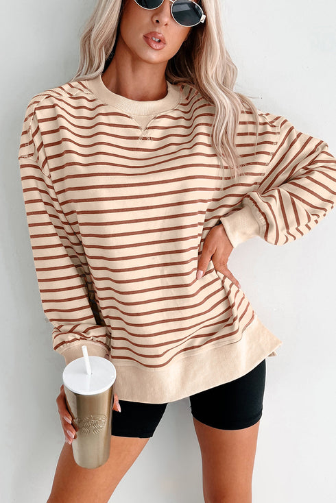 Oversized Striped Crew Neck Side Slit Sweatshirt