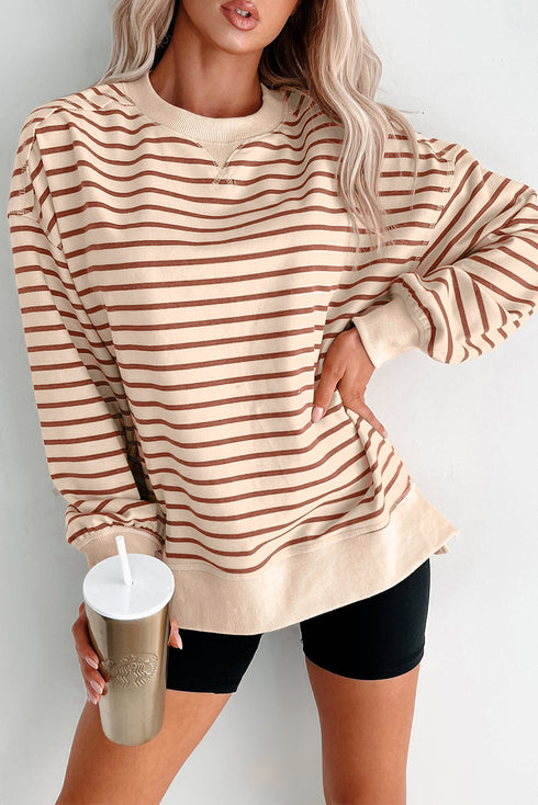 Oversized Striped Crew Neck Side Slit Sweatshirt