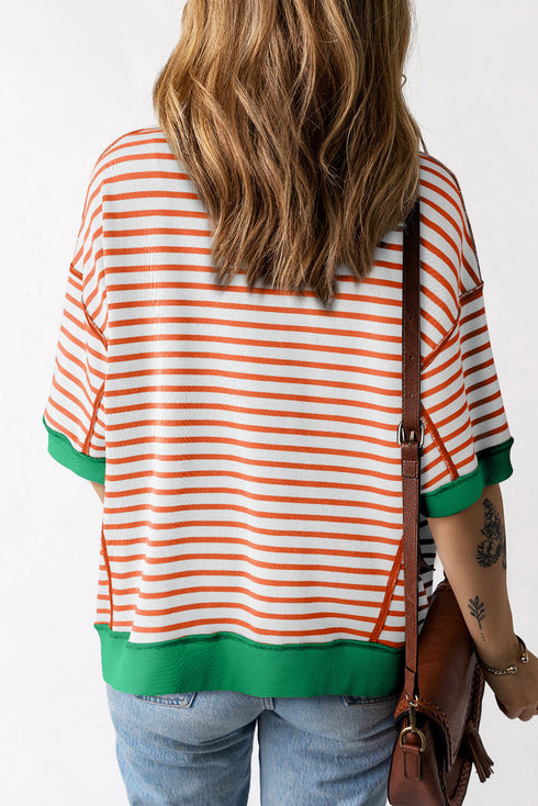 Oversized Striped Exposed Seam High Low Hem Top