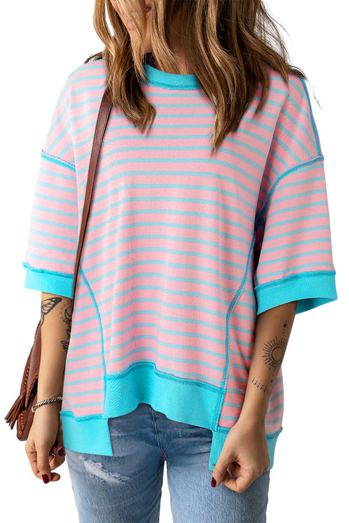 Oversized Striped Exposed Seam High Low Hem Top