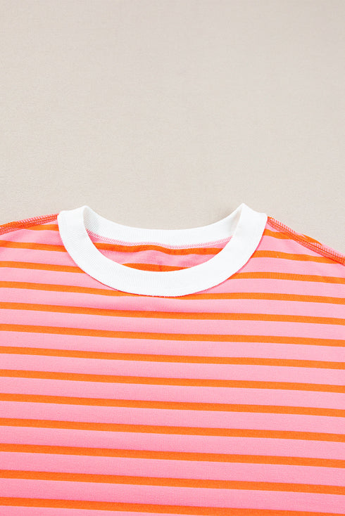 Oversized Striped Exposed Seam High Low Hem Top