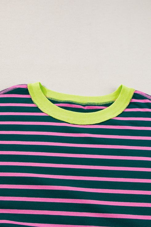 Oversized Striped Exposed Seam High Low Hem Top