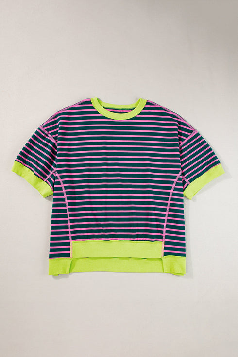 Oversized Striped Exposed Seam High Low Hem Top