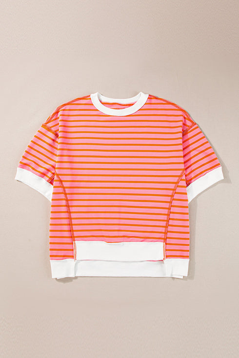 Oversized Striped Exposed Seam High Low Hem Top