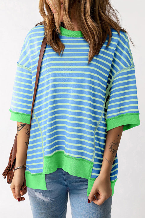 Oversized Striped Exposed Seam High Low Hem Top