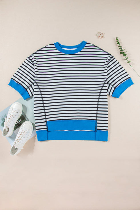 Oversized Striped Exposed Seam High Low Hem Top