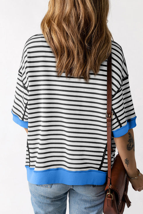 Oversized Striped Exposed Seam High Low Hem Top