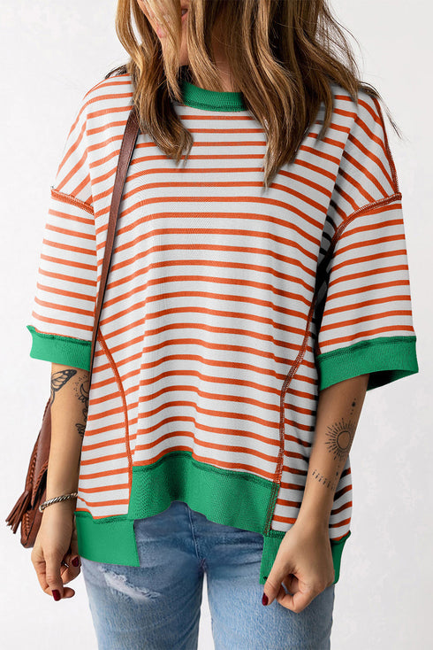 Oversized Striped Exposed Seam High Low Hem Top