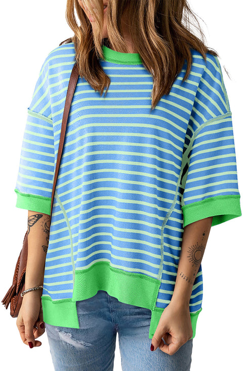 Oversized Striped Exposed Seam High Low Hem Top