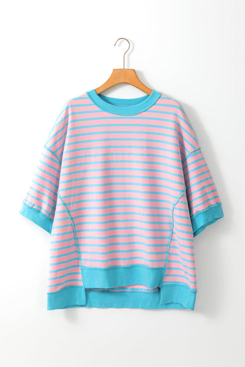 Oversized Striped Exposed Seam High Low Hem Top