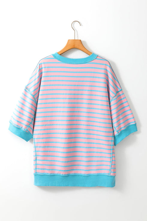 Oversized Striped Exposed Seam High Low Hem Top