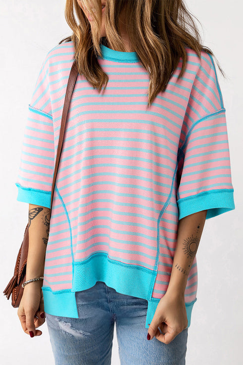 Oversized Striped Exposed Seam High Low Hem Top
