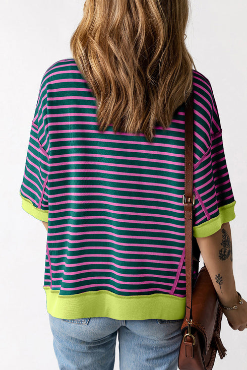 Oversized Striped Exposed Seam High Low Hem Top