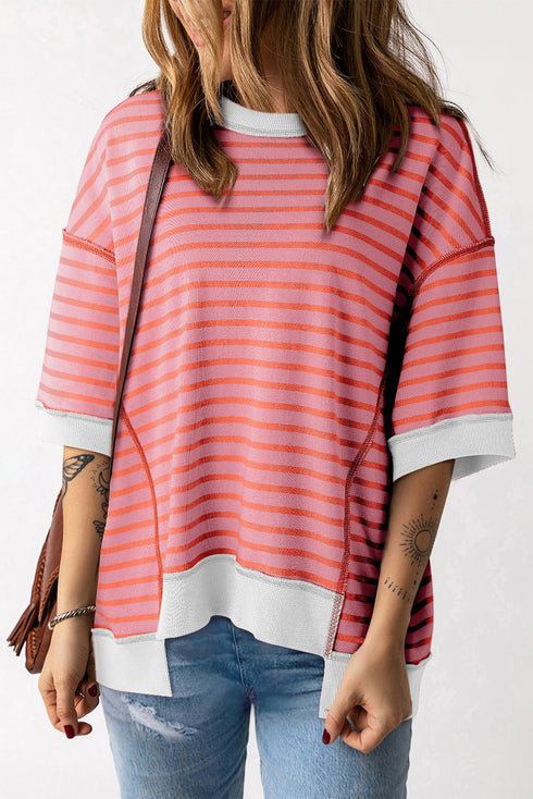 Oversized Striped Exposed Seam High Low Hem Top
