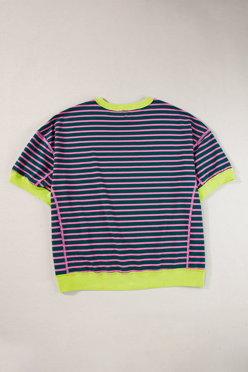 Oversized Striped Exposed Seam High Low Hem Top