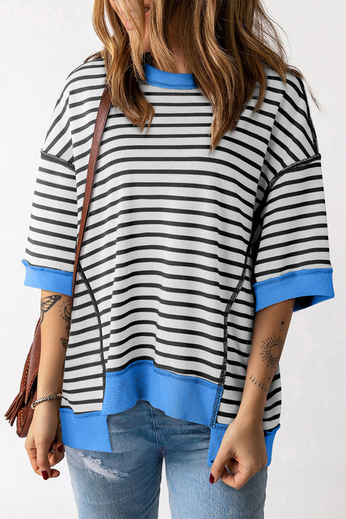 Oversized Striped Exposed Seam High Low Hem Top