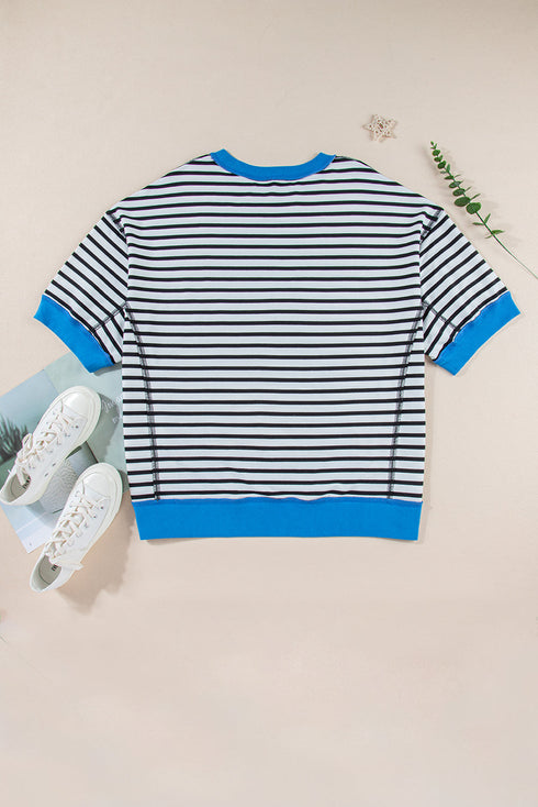 Oversized Striped Exposed Seam High Low Hem Top
