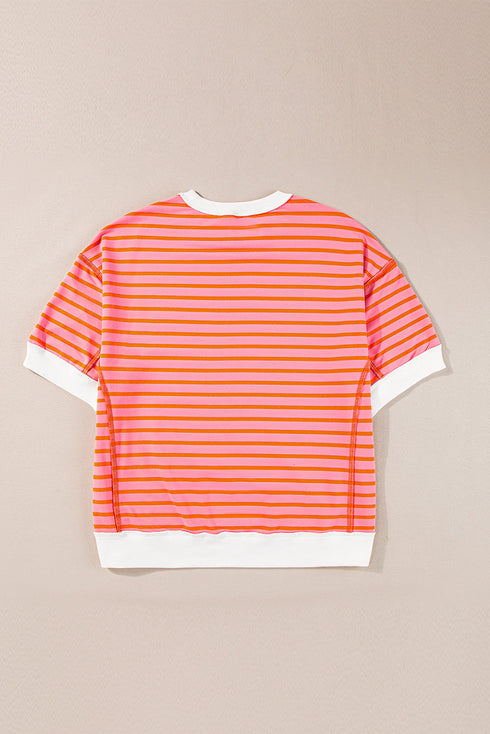 Oversized Striped Exposed Seam High Low Hem Top