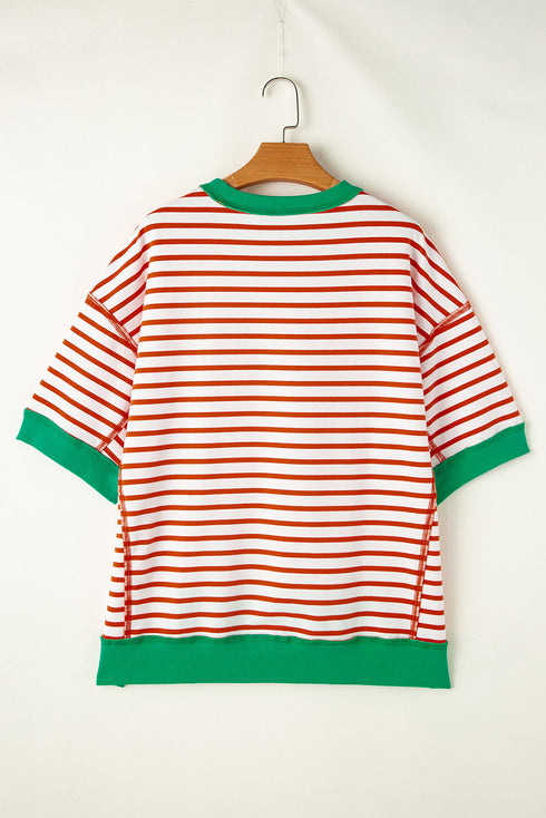 Oversized Striped Exposed Seam High Low Hem Top