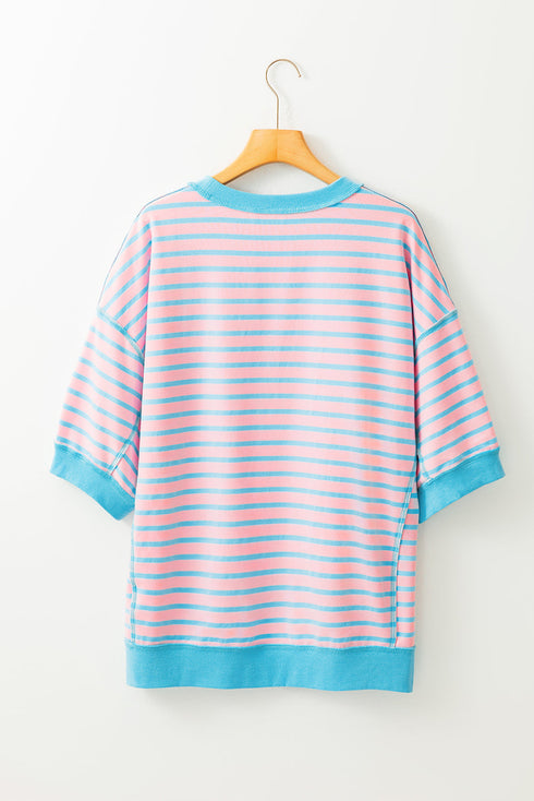 Oversized Striped Exposed Seam High Low Hem Top