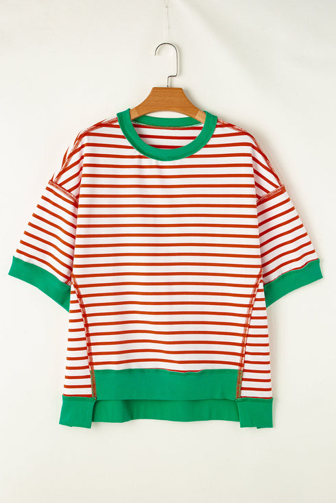 Oversized Striped Exposed Seam High Low Hem Top