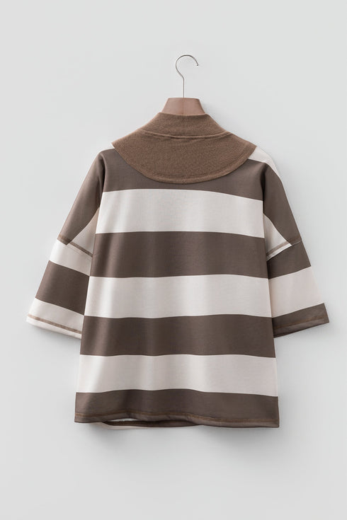 Oversized Striped Half Zip Drop Shoulder Pullover Top