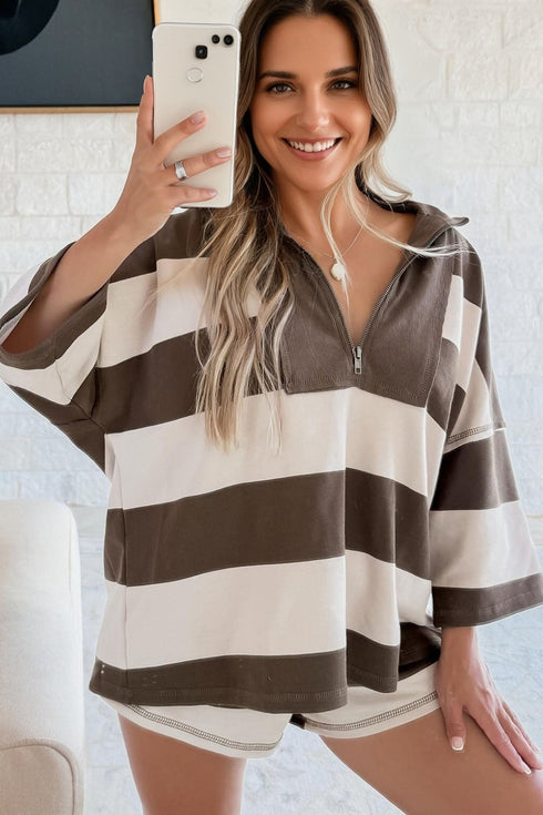 Oversized Striped Half Zip Drop Shoulder Pullover Top