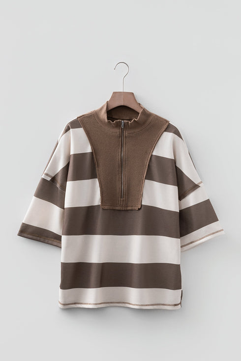 Oversized Striped Half Zip Drop Shoulder Pullover Top