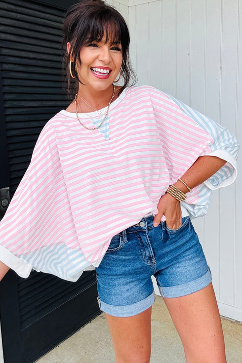Oversized Striped Patchwork Dolman Sleeve Tee