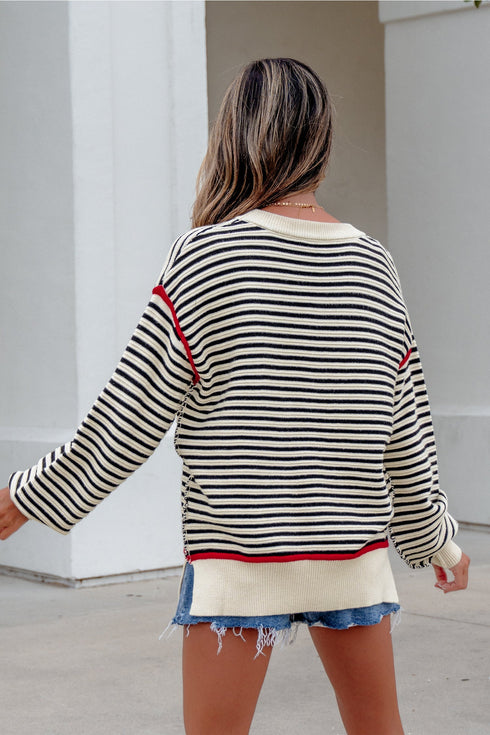 Oversized Striped Ribbed Trim Drop Shoulder Sweater